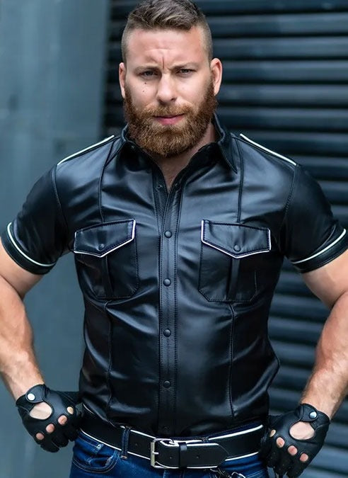 Mens-Gay-Leather-Short-Sleeve-Police-Shirt-with-White-Piping-Front