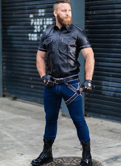 Mens-Gay-Leather-Short-Sleeve-Police-Shirt-with-White-Piping-Model