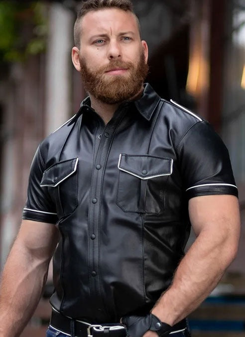Mens-Gay-Leather-Short-Sleeve-Police-Shirt-with-White-Piping-Side