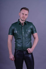 Mens-Green-Leather-Shirt-Short-Sleeve