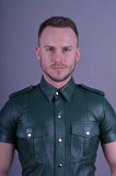 Mens-Green-Leather-Short-Sleeve-Button-Up-Shirt-Close-Up