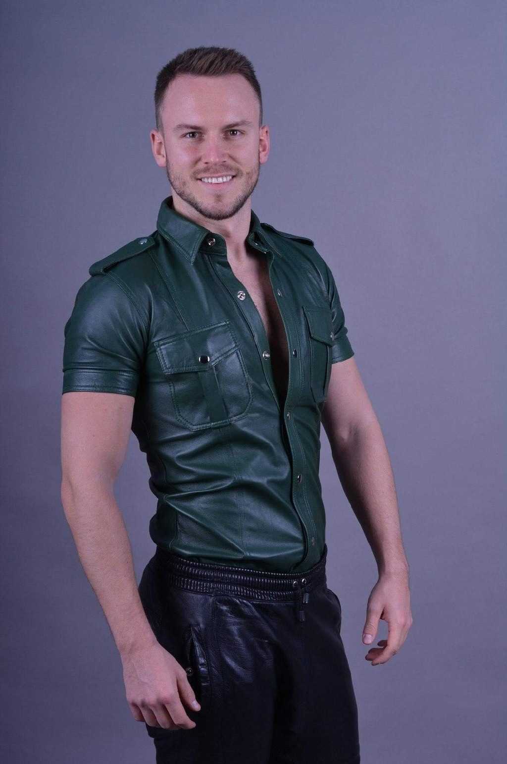 Mens-Green-Leather-Short-Sleeve-Button-Up-Shirt-Front-Open