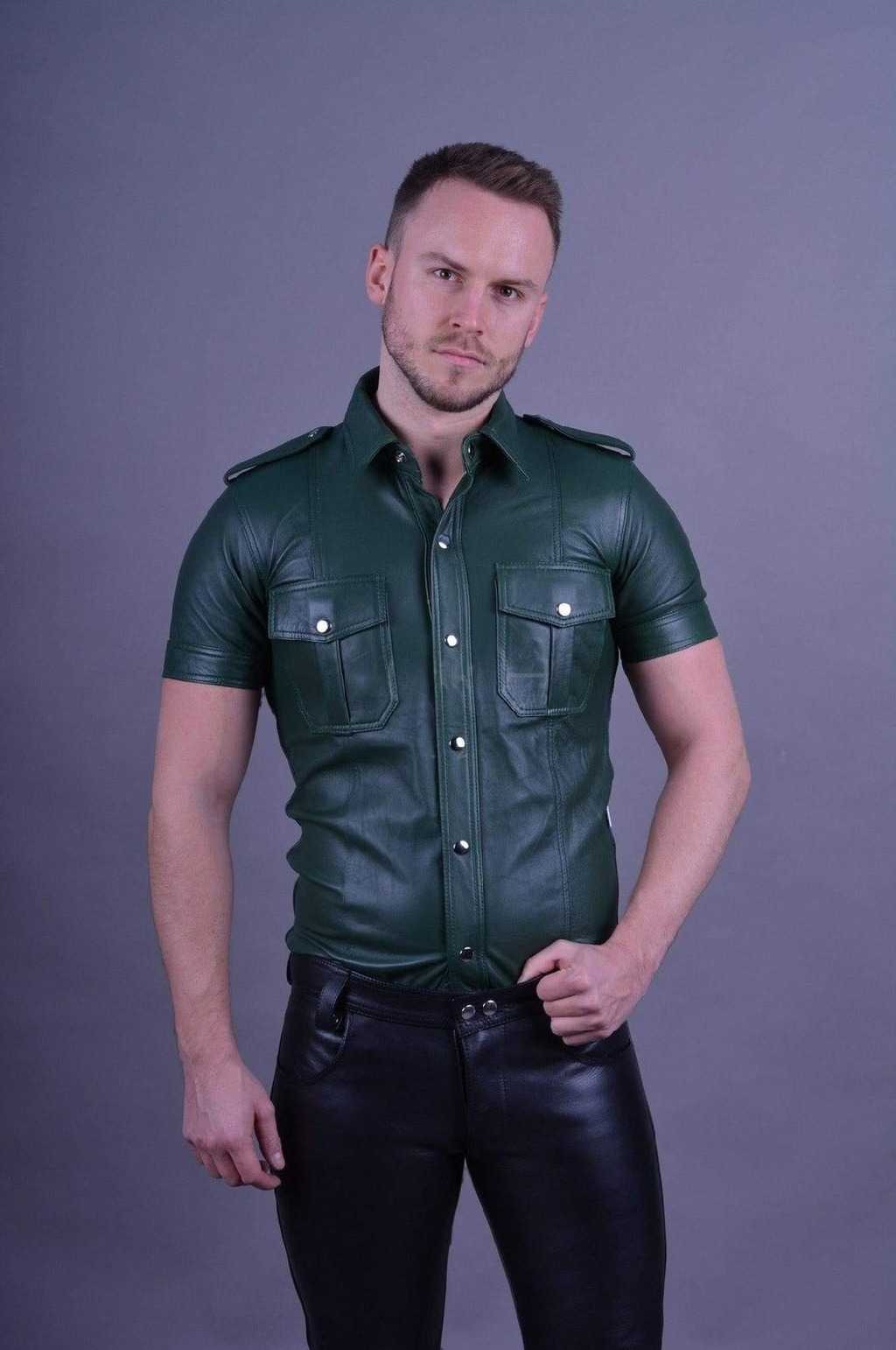 Mens-Green-Leather-Short-Sleeve-Button-Up-Shirt