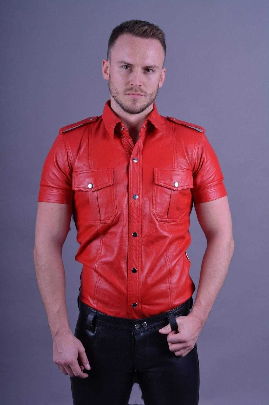 Mens-Red-Leather-Button-Up-Shirt-Front-Short-Sleeve