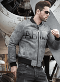 Mens Army Grey & Black Leather Ma-1 Bomber Jacket-1