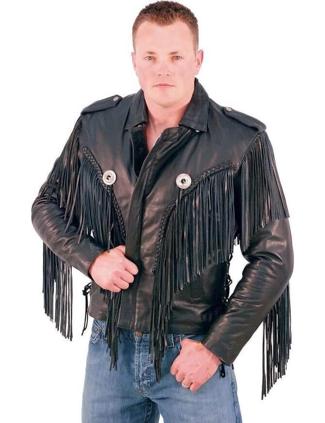 Mens Beltless Fringed Leather Motorcycle Jacket-1