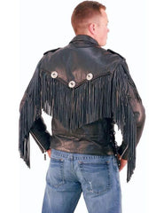 Mens Beltless Fringed Leather Motorcycle Jacket-2