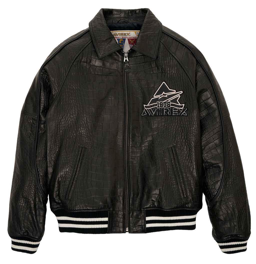 Mens Black Avirex Croc Embossed Military Leather Jacket – Leather ...