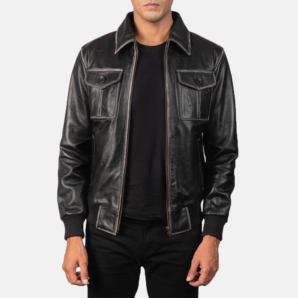 Mens Black Lambskin Leather Collar Jacket Open Front