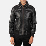 Mens Black Lambskin Leather Collar Jacket Front