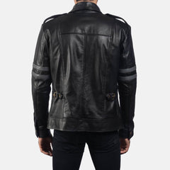 Mens Black Leather Biker Jacket with Grey Straps Back