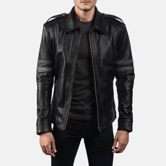 Mens Black Leather Biker Jacket with Grey Straps Front