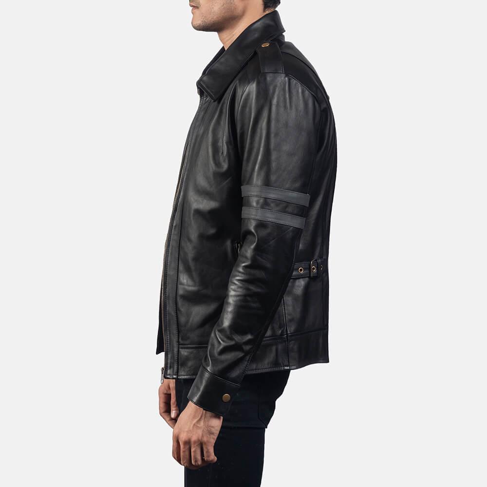 Mens Black Leather Biker Jacket with Grey Straps Side