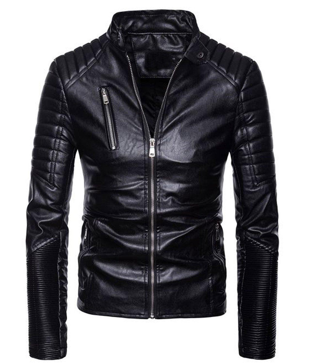 Mens Black Leather Motorcycle Jacket Slim Fit Multi Zip-1