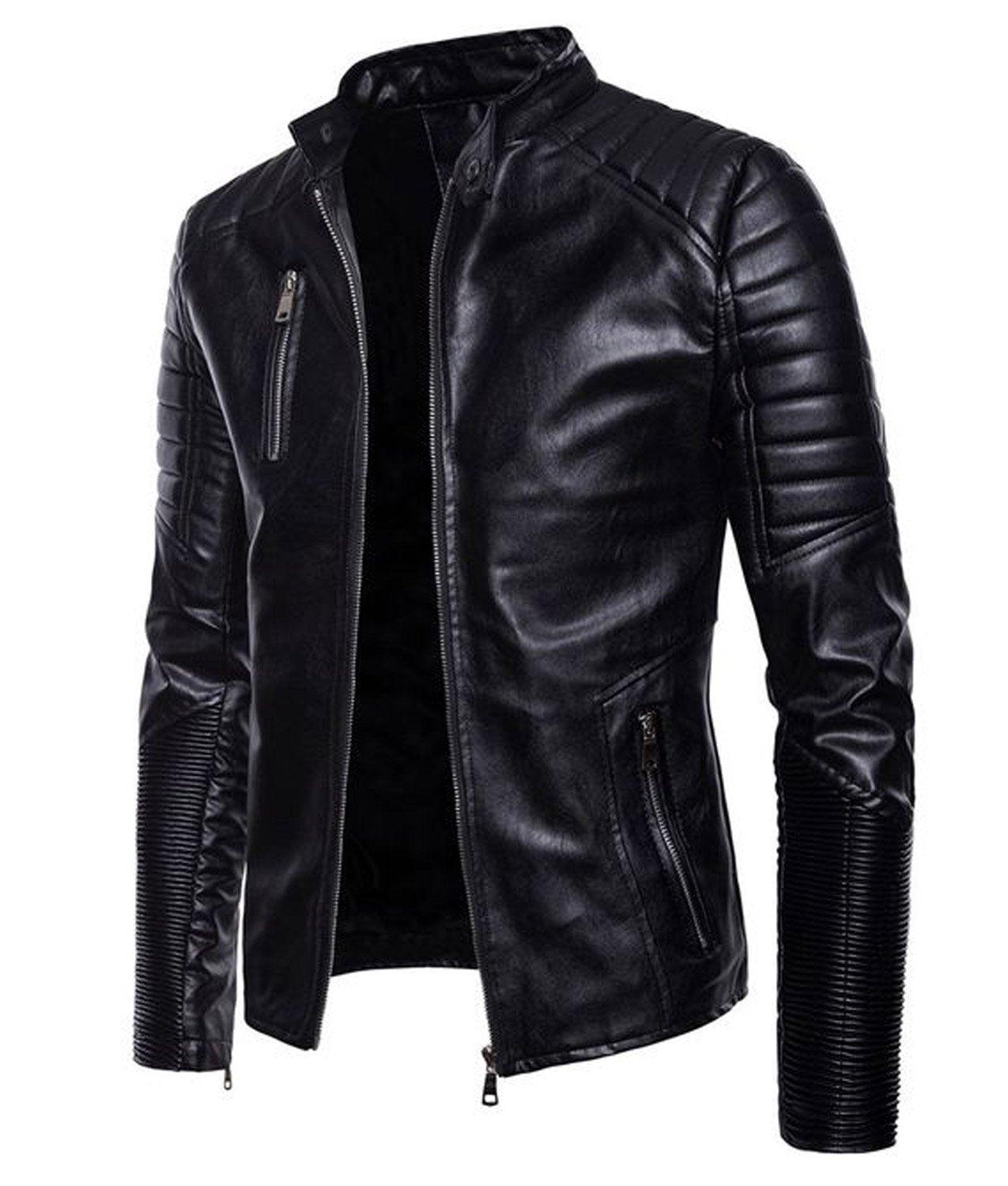 Mens Black Leather Motorcycle Jacket Slim Fit Multi Zip-2