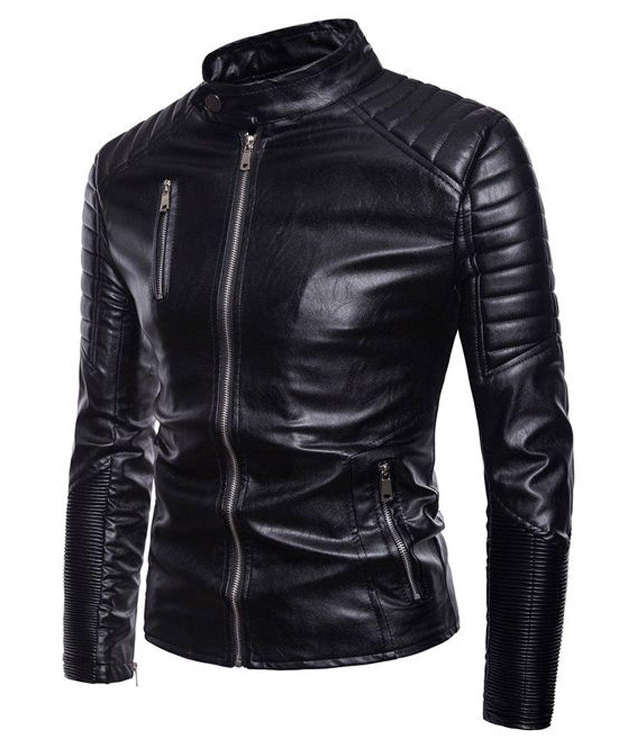 Mens Black Leather Motorcycle Jacket Slim Fit Multi Zip-3