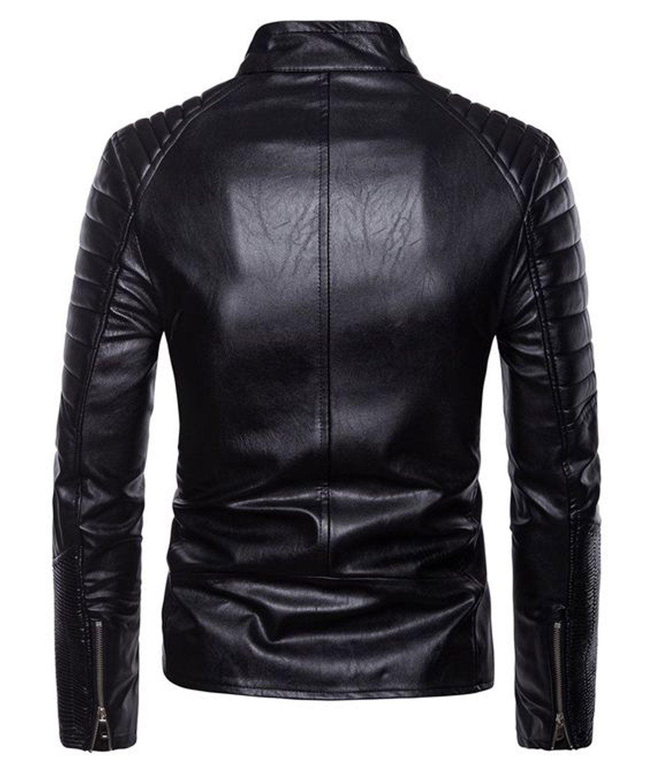 Mens Black Leather Motorcycle Jacket Slim Fit Multi Zip-4