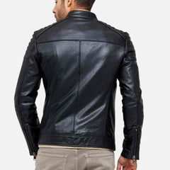 Mens Black Quilted Shoulder Leather Jacket Back
