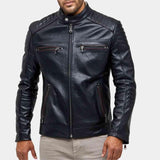 Mens Black Quilted Shoulder Leather Jacket Closed