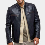 Mens Black Quilted Shoulder Leather Jacket Open