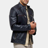 Mens Black Quilted Shoulder Leather Jacket Side