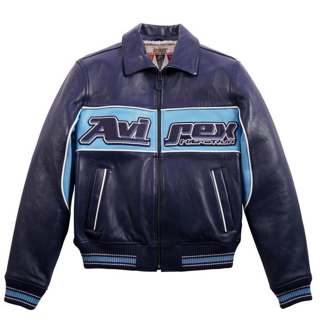 Mens Blue Avirex Nitro Run Varsity Leather Jacket