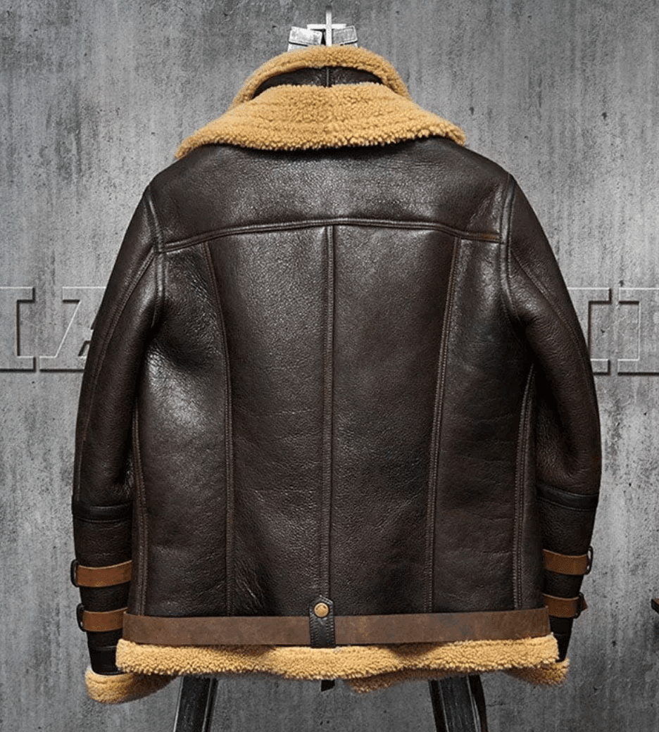 Mens Brown B3 Fur Shearling Flight Leather Jacket Back