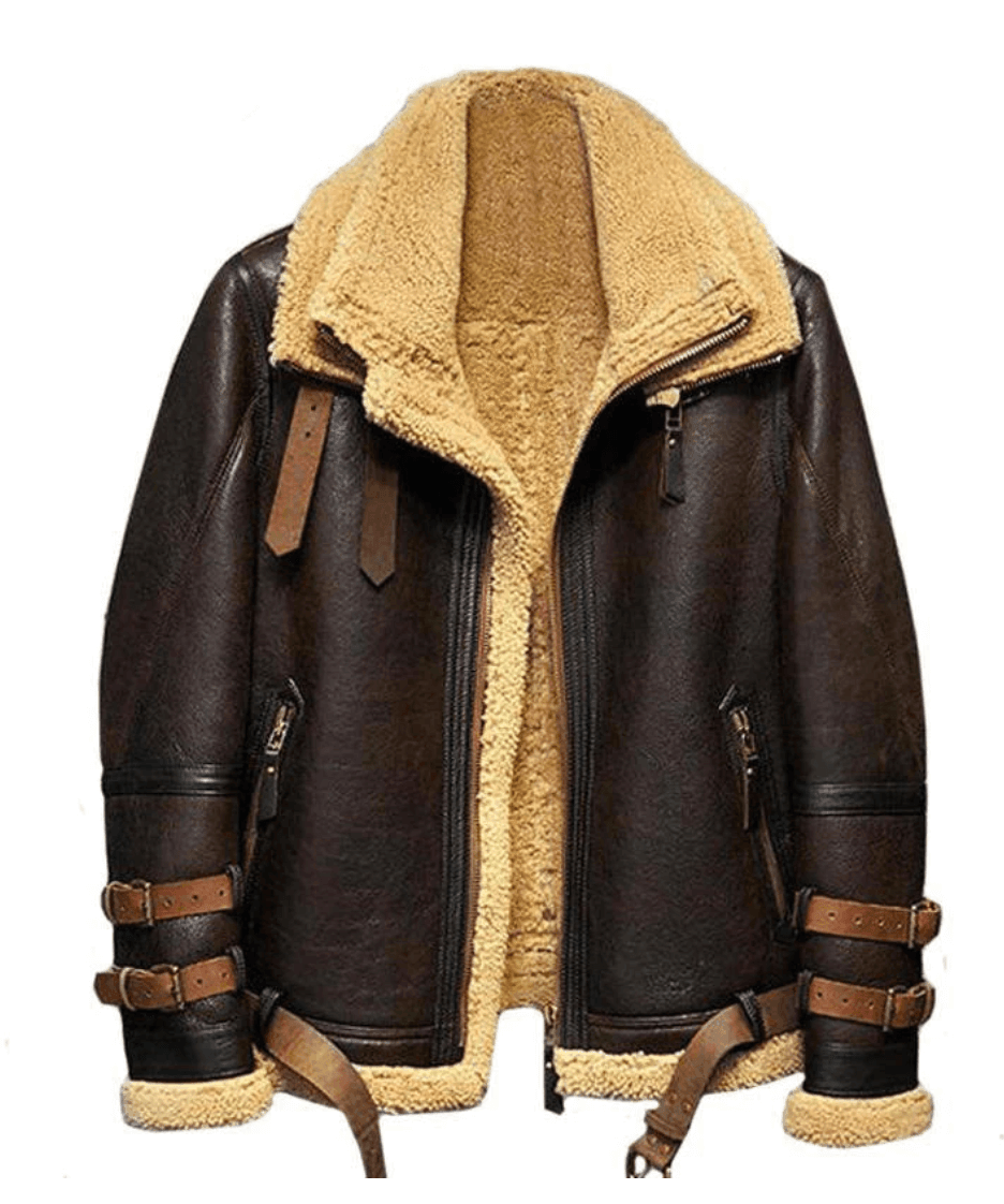 Mens Brown B3 Fur Shearling Flight Leather Jacket Front