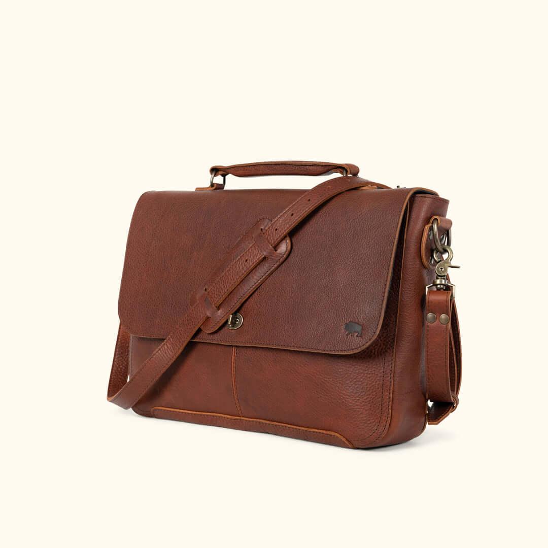 Mens Brown Bison Leather Laptop Messenger Bag-5