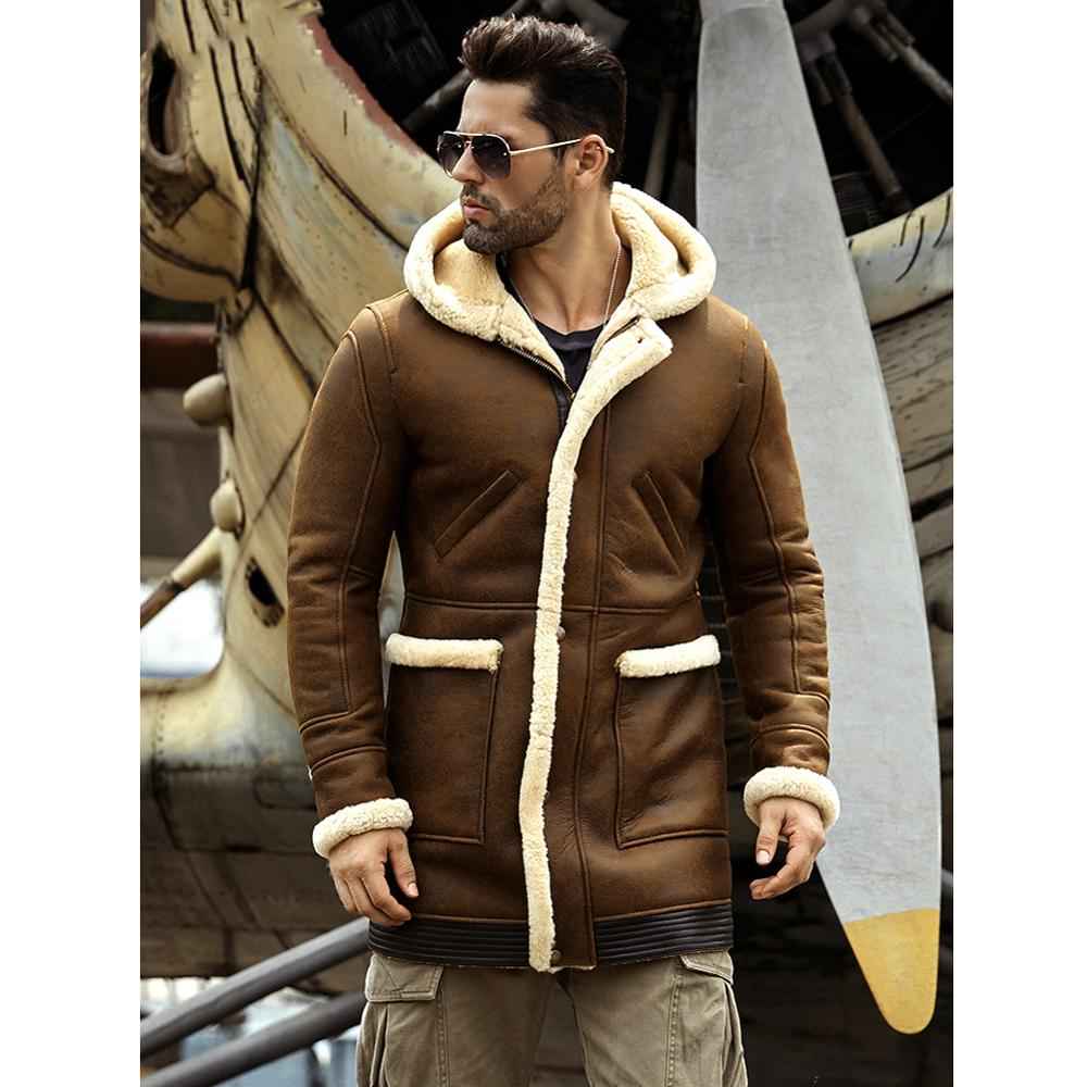 Mens Brown Fur Hooded Leather Jacket Model