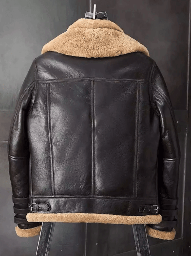 Mens Brown Triple Belted Cuffs Shearling Jacket Back