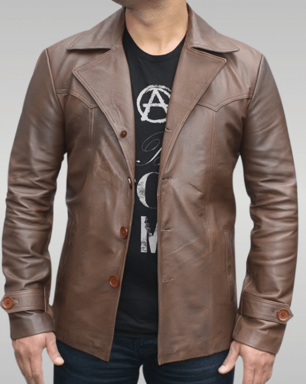 Mens Brown Vintage Leather Biker Jacket Front
