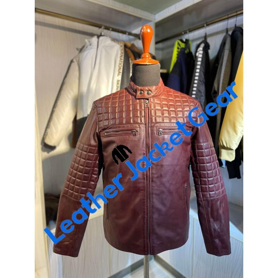 Mens Burgundy Leather Quilted Jacket Manufactured Front
