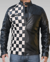Mens Cafe Racer Checkerboard Motorcycle Leather Jacket Front
