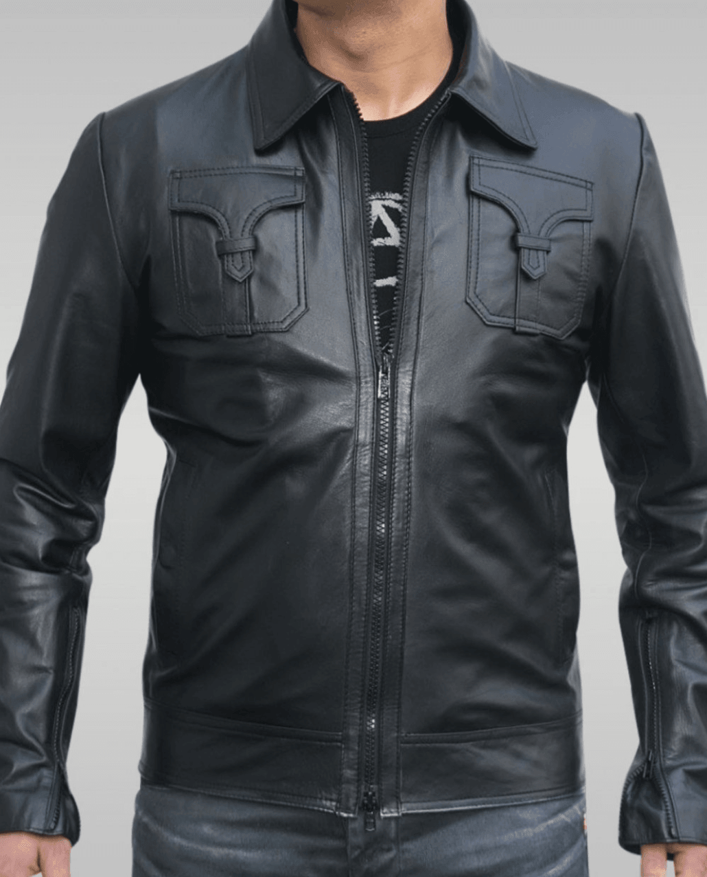 Mens Classic Style Black Leather Shirt Jacket