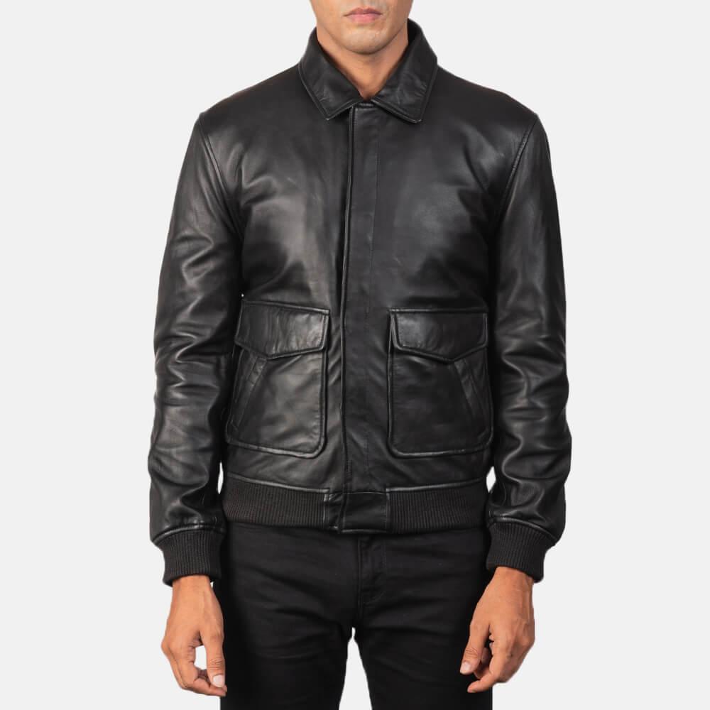 Mens Coffman Black Leather Bomber Jacket Front