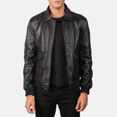 Mens Coffman Black Leather Bomber Jacket Open Front