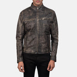 Mens Distressed Brown Biker Leather Jacket Front Closed