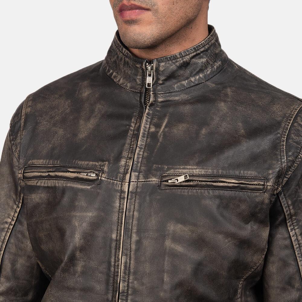 Mens Distressed Brown Biker Leather Jacket Zoom