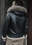 Men's Hooded RAF Aviator B3 Black Shearling Jacket Back