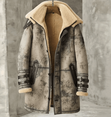 Mens Hooded Shearling Sheepskin Leather Long Coat-1