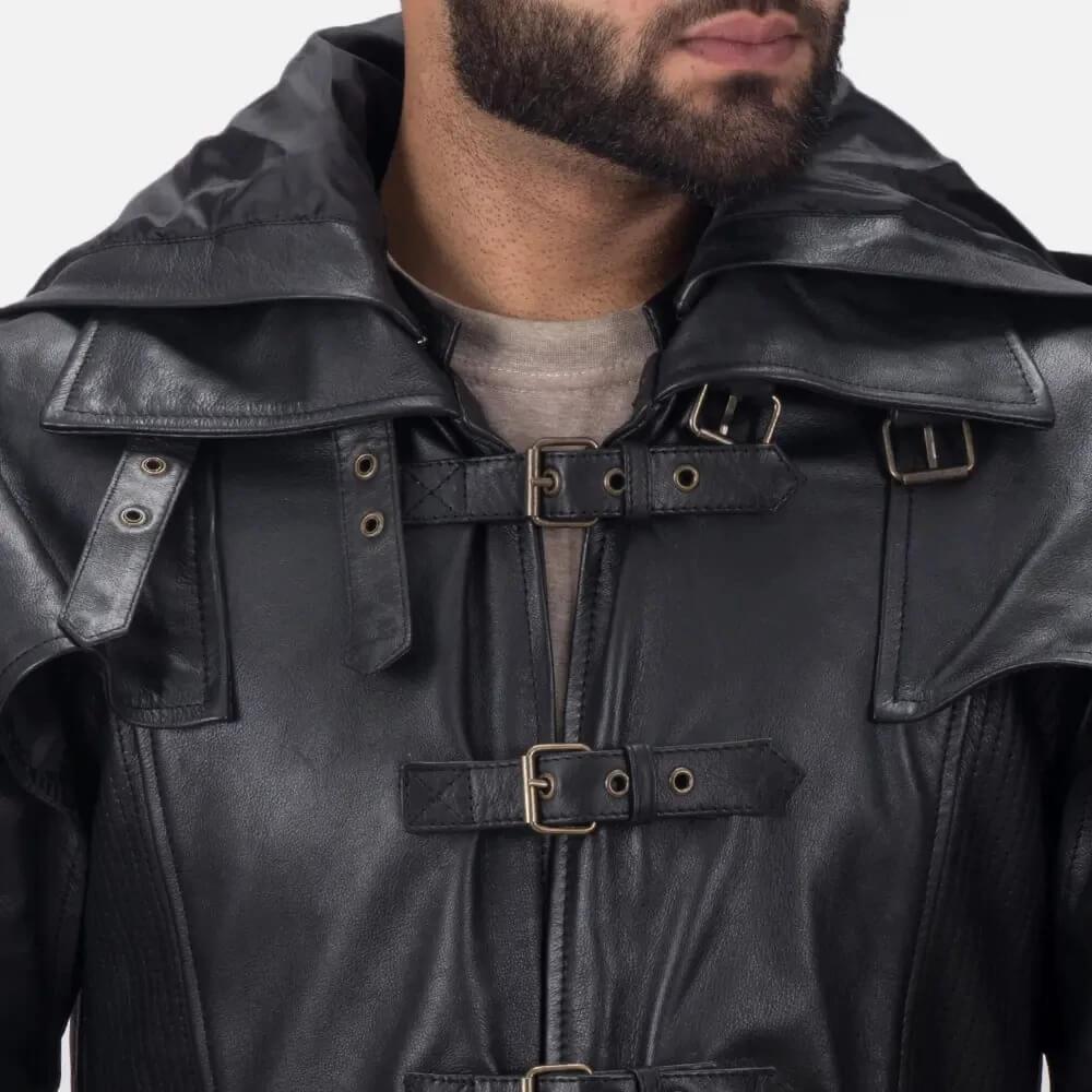 Mens Huntsman Black Hooded Leather Trench Coat-4