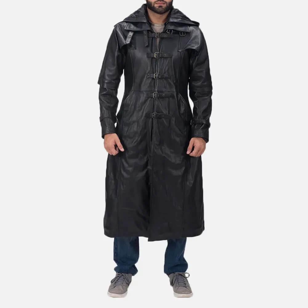 Mens Huntsman Black Hooded Leather Trench Coat