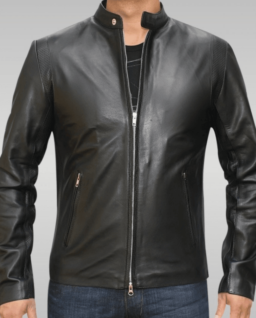 Mens Italian Style Black Biker Leather Jacket Front