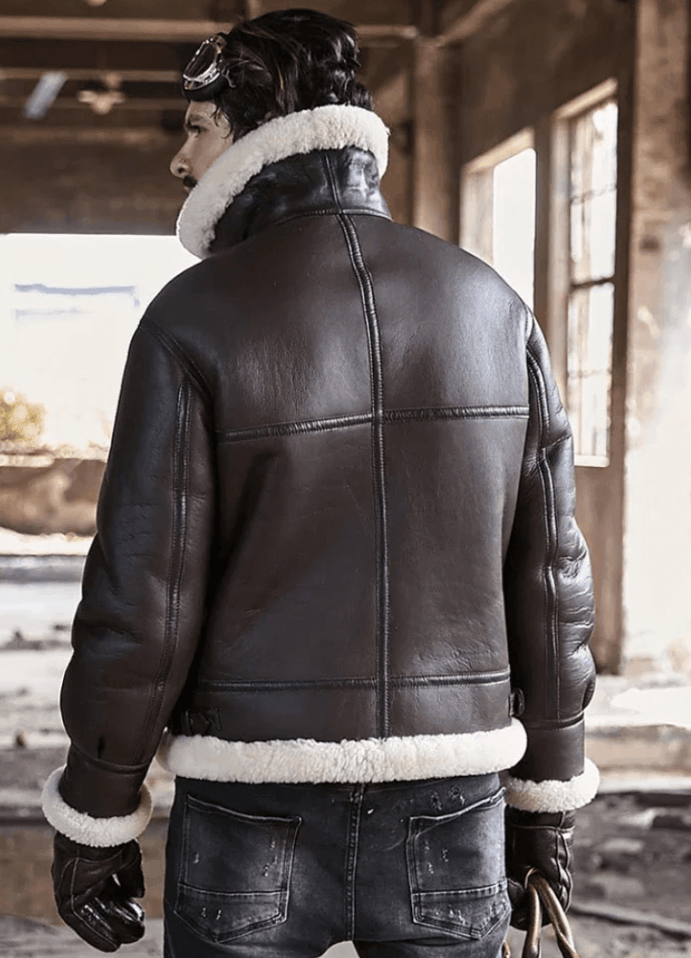 Mens Leather B3 Shearling Classic Sheepskin Bomber Jacket Back