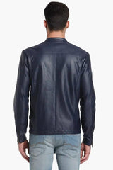 Mens Navy Blue Leather Biker Jacket Back
