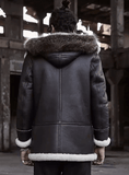 Mens Sheepskin Shearling Coat with Detachable Hood Back