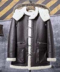 Mens Sheepskin Shearling Coat with Detachable Hood Front