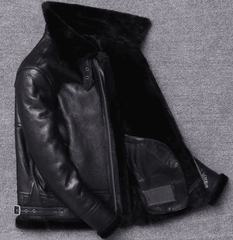 Mens Winter Shearling Fur Black Leather Jacket-2