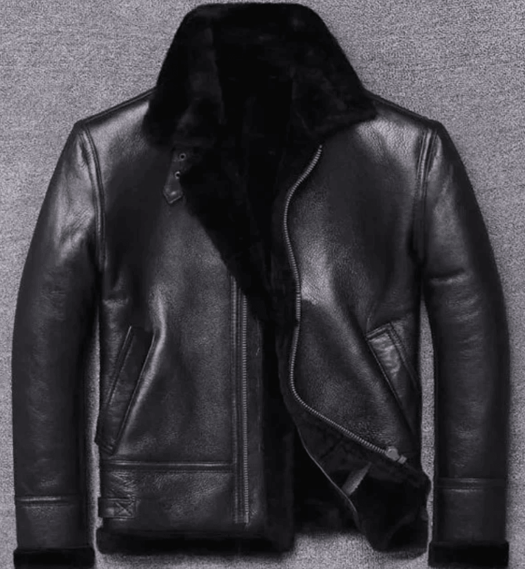 Mens Winter Shearling Fur Black Leather Jacket-4